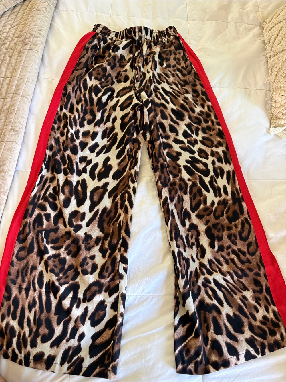 Leopard Print Wide-Leg Pants with Red Side Stripe